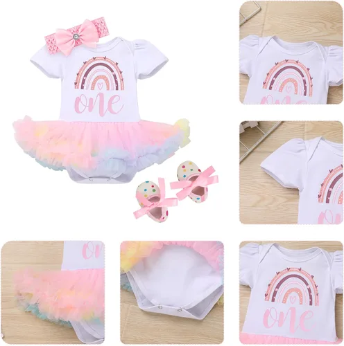 Vista 5 de ODASDO Conjunto de 3 piezas de ropa para bebé niña para primer cumpleaños, tutú de arcoíris, princesa, mameluco, tiara, zapatos, 3 piezas