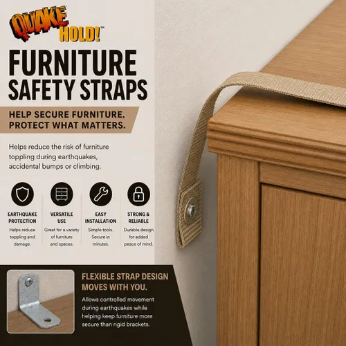 Vista 2 de Quakehold! Kit de correas para muebles, cierres para terremotos para preparación ante desastres, correas de seguridad a prueba de niños para RV