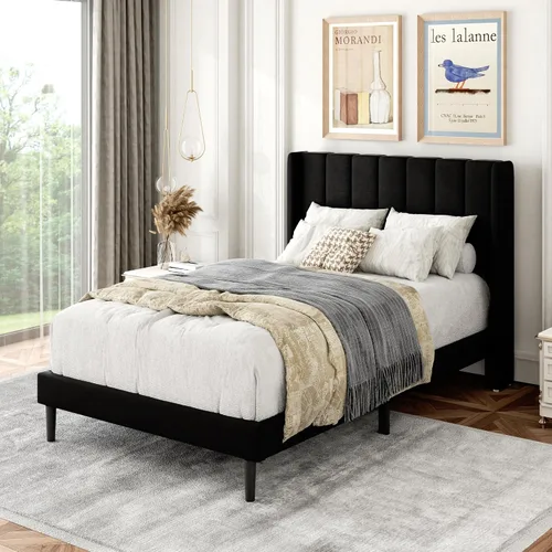 Vista 3 de Gruwans Base de cama de tamaño individual con cabecera tapizada con respaldo de ala, plataforma de fácil montaje, soporte de listones de madera,
