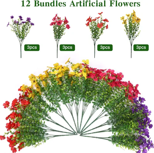 Vista 3 de CEWOR - 12 paquetes de flores artificiales para interior y exterior, margarita de seda falsa con hojas de eucalipto, flor artificial para maceta