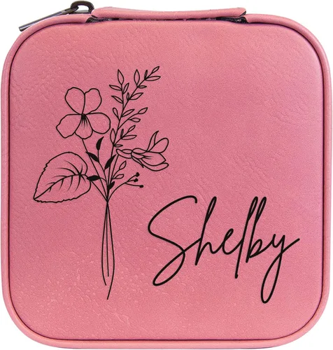 Vista 86 de Joyero de flores de nacimiento personalizado Estuche de viaje (cuero crudo, abril - guisante dulce)