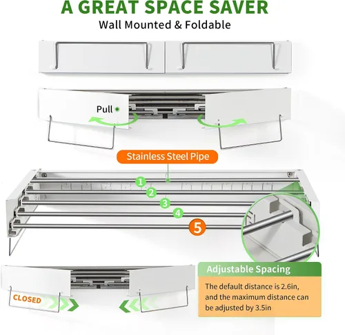 Vista 3 de Heshecein - Tendedero plegable para colgar en la pared, 5 varillas de acero inoxidable, estante plegable para ropa y toallas para interiores