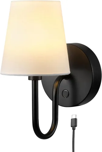 Vista 12 de Novogratz x Globe - Aplique de pared de 1 luz, cable rígido o enchufable, latón mate, pantalla de tela blanca, interruptor basculante en línea