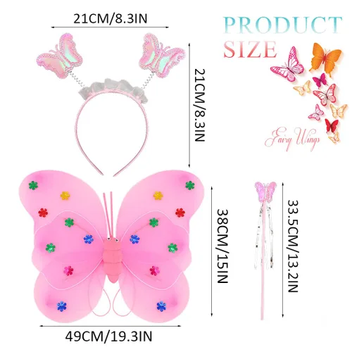 Vista 3 de Unsutuo Alas de hada de mariposa iluminadas, alas de Halloween, alas LED, conjunto de disfraz de mariposa, accesorios para niñas (rosa)