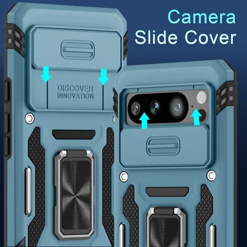 Vista 2 de DEERLAMN Funda para Google Pixel 8 Pro con cubierta deslizante para cámara + protector de pantalla (1 paquete), soporte de anillo giratorio tipo