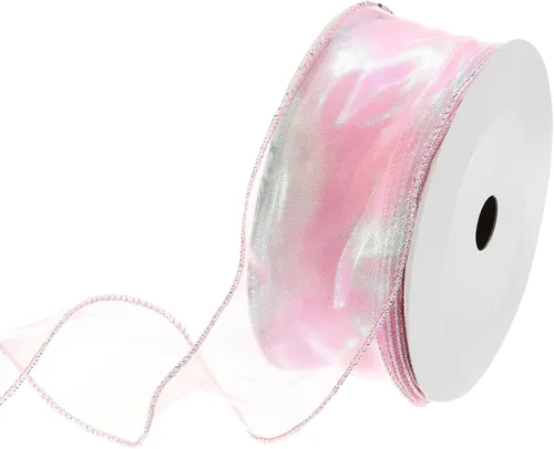 Vista 73 de MECCANIXITY - Cinta de organza con cable de 1 1/2" de ancho, brillante, transparente, con brillo irisado en tonos pastel, cinta de gasa para Beige