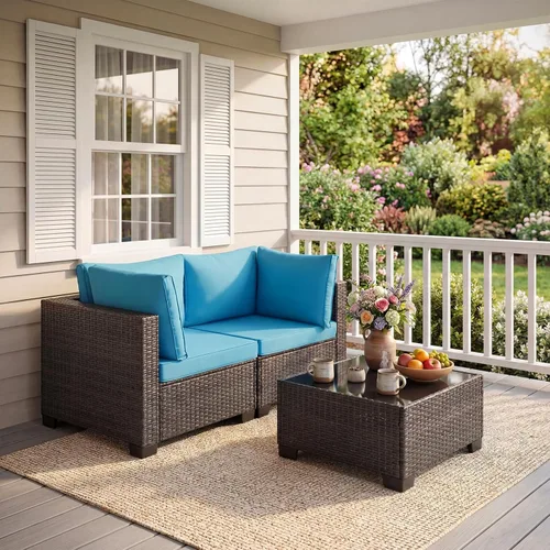 Vista 34 de ANJ Juego de muebles de mimbre para patio de 3 piezas, sofá modular de dos plazas con mesa de centro de cristal, juego de sofá de conversación