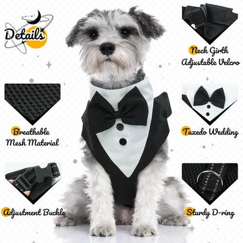 Vista 2 de Arnés de esmoquin para perro, arnés de esmoquin para perro sin tirones con correa, disfraz de traje de boda ajustable con pajarita para perros