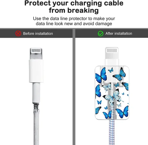 Vista 4 de Lindos protectores de cable para iPhone Funda de carga bonita elegante patrón de mariposas azules diseño único cable de datos cargador de línea