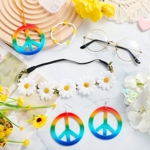 Vista 4 de Juego de 6 accesorios de disfraz hippie bohemio, letrero de la paz, margarita, flor de los años 60 y 70, decoraciones para fiestas geniales