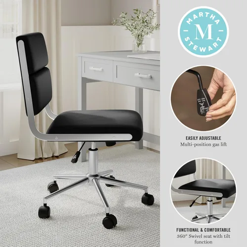 Vista 4 de Martha Stewart Lulu - Silla giratoria con asiento ajustable en altura para oficina en casa en piel sintética negra con marco de níquel pulido