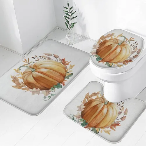 Vista 25 de Juego de 3 tapetes de baño de Halloween de bienvenida, diseño de fantasma, boo, gato, bruja, murciélago, calabaza, juego de alfombrillas de baño