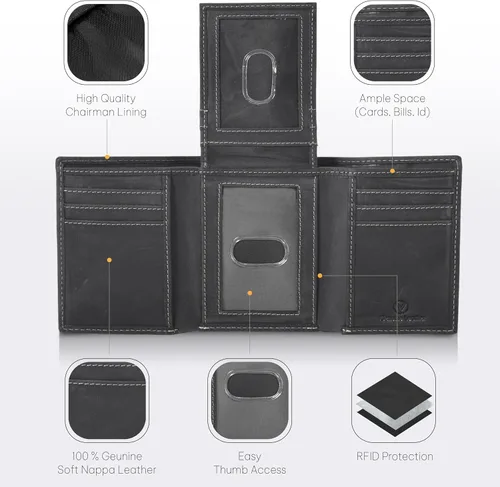 Vista 3 de VALENCHI Cartera de piel auténtica para hombre, con bloqueo RFID, delgada, con solapa media, 9 tarjetas, 2 ventanas de identificación + 2
