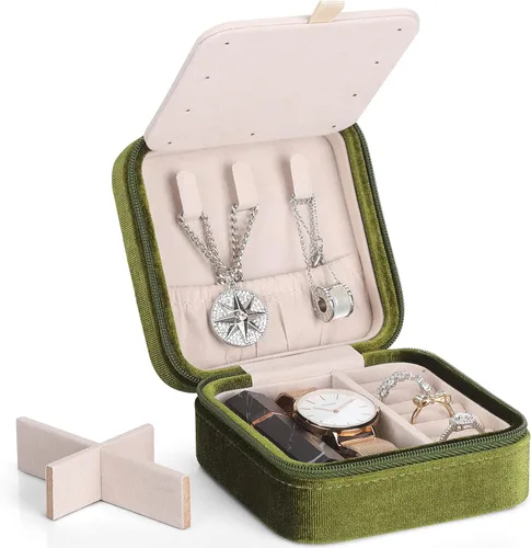 Vista 6 de Vlando Joyero de viaje y organizador, pequeñas cajas organizadoras de joyas para niñas, espejo de terciopelo para aretes, collares, anillos