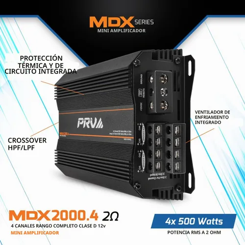 Vista 4 de PRV Audio MDX2000.4 Amplificador de Audio para Automóvil Mini de 4 Canales de 2 Ohmios 4 x 500 Vatios RMS a 2 Ohmios - Amplificador Puenteable