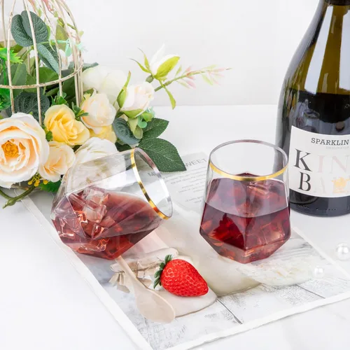 Vista 5 de LUODA Juego de 24 copas de vino de plástico con forma de diamante dorado, desechables, de 12 onzas, para cumpleaños, inauguración de la casa y bodas