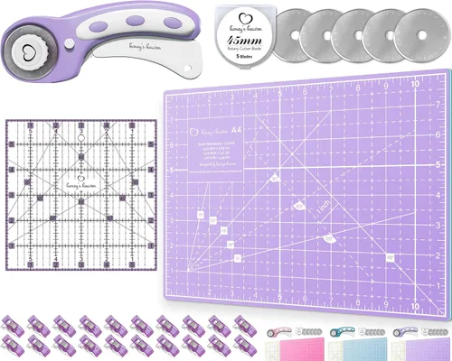 Vista 17 de Juego de cortador giratorio - Kit de acolchado incl. Cortador de tela de 45 mm, 5 cuchillas de repuesto - Ideal para manualidades, costura, parcheo