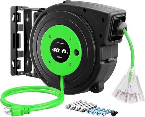Vista 9 de DEWENWILS Carrete de Cable de Servicio Pesado, Cable de Extensión de Alimentación Retráctil de 40 Pies, 12AWG/3C SJTOW, 3 Tomas Triples Iluminadas