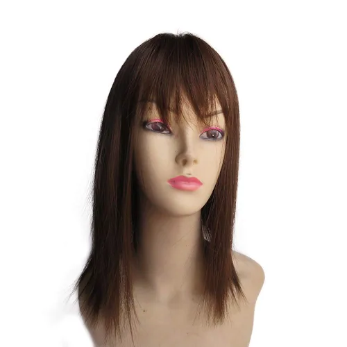 Vista 2 de Cubrecabello sintético de 14 pulgadas para pérdida de cabello, clip en pieza superior con flequillo de aire (estilo delgado, marrón)