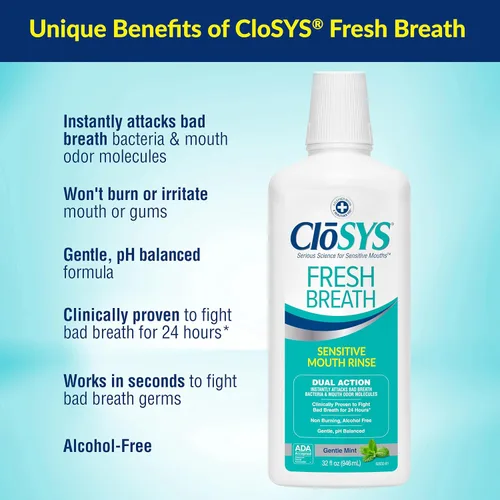 Vista 2 de Enjuague bucal CloSYS, 32 onzas, enjuague bucal para aliento fresco, menta suave, sin alcohol, sin colorantes, enjuague bucal con pH equilibrado