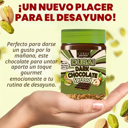 Vista 5 de Dubai - Tarro de chocolate negro para untar de 9.7 onzas con crema de pistacho, Kataifi crujiente