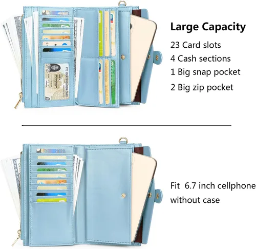 Vista 3 de YALUXE Billeteras con doble cremallera para mujer, cartera para teléfono celular, tarjetero de cuero vegano