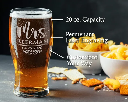 Vista 2 de Juego de 2 vasos de cerveza grabados personalizados con texto en inglés "Mr Mrs", 50 aniversario de boda, papá, mamá, novia, novio, pronto para ser