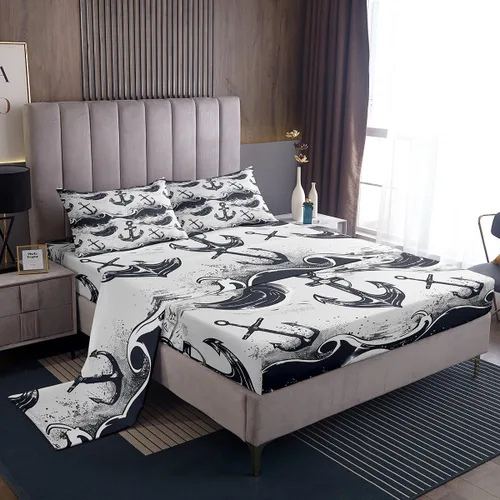 Vista 36 de Erosebridal Juego de sábanas de ballena náutica, tamaño individual, juego de ropa de cama vintage azul con ondas oceánicas para niños y niñas