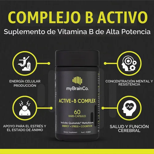Vista 4 de myBrainCo. Complejo Active-B – Suplemento de vitamina B activada de alta resistencia con folato B2, B6, B12 y metilo – Apoya la energía, la función