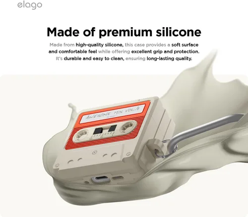 Vista 4 de elago Funda de Cinta de Casete Compatible con Estuche AirPods 4 - Mosquetón Incluido, Soporta Carga Inalámbrica, Resistente a Golpes, Protección