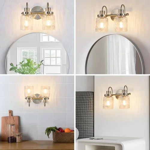 Vista 8 de 2 luces de tocador de baño, lámparas de baño de níquel cepillado con pantalla de vidrio martillado para tocador, sobre espejo, pasillo