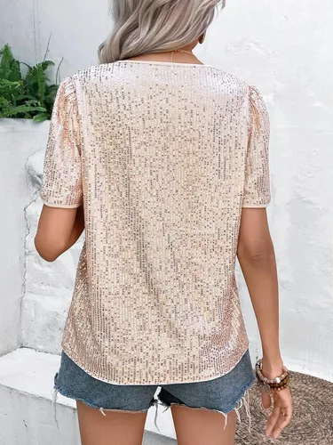 Vista 2 de SweatyRocks Camisa de manga corta abombada con cuello en V para mujer, blusa de lentejuelas brillantes con purpurina para fiesta