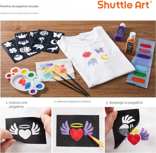 Vista 4 de Shuttle Art Pintura para tela, 18 colores de pintura para tela suave permanente en botellas (60ml/2oz) con pinceles, paleta, plantillas, pintura