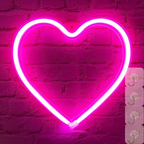 Vista 2 de Luces de corazón de neón – Lámpara de corazón LED rosa, decoración para el hogar, regalos colgantes, funciona con USB / pilas para dormitorio, sala