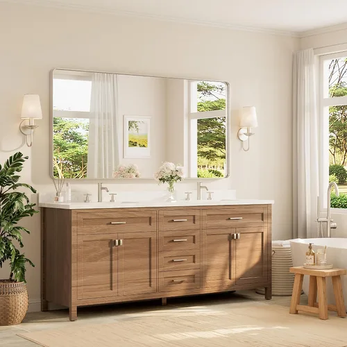 Vista 129 de TETOTE Espejo de marco dorado cepillado de 16 x 24 pulgadas, espejo de tocador de baño de latón dorado para pared, espejo enmarcado rectangular