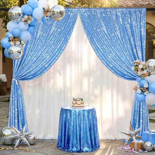 Vista 8 de Cortinas de fondo de lentejuelas con purpurina azul bebé, 2 piezas de 2 x 8 pies, telón de fondo de fiesta de baby shower para niños, hermosas