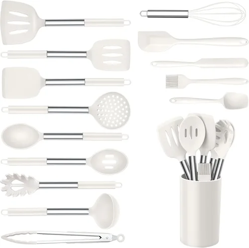 Vista 11 de Onader Juego de 10 utensilios de cocina de silicona, con soporte y mango de acero inoxidable resistente al calor para utensilios de cocina Negro