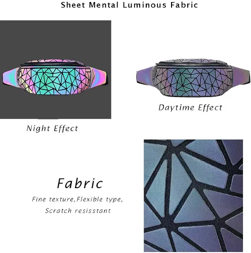Vista 3 de Riñoneras para mujeres y hombres, bolsa holográfica luminosa para el pecho, paquete de cintura geométrica para viajes, festivales, correr, deportes