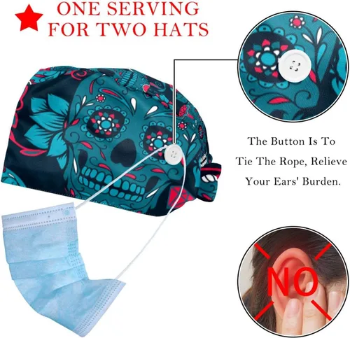 Vista 2 de 2 paquetes de gorro de trabajo con diseño de calavera encantadora con botones y banda para el sudor