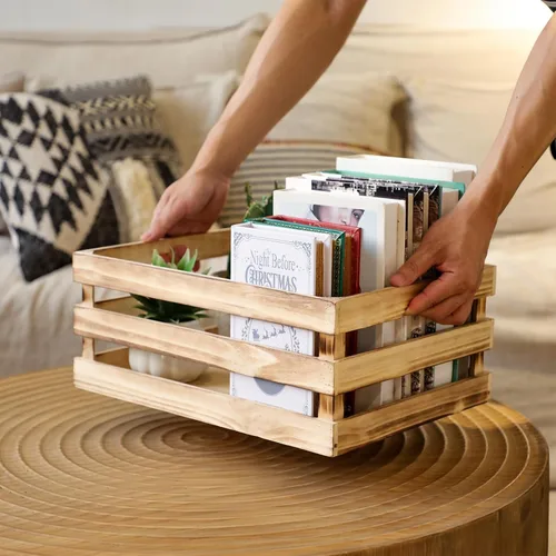 Vista 5 de Cajas grandes decorativas de almacenamiento de madera chamuscada, conjunto de 4 cajas de madera anidadas para exhibición rústica, cajas