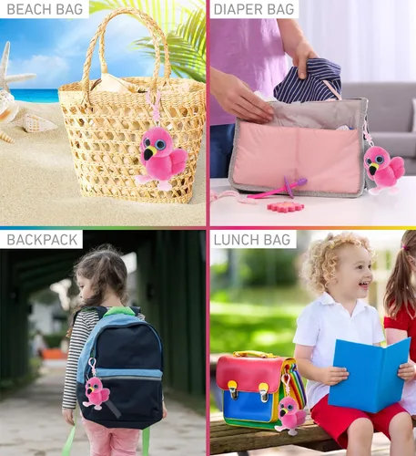 Vista 4 de DolliBu Big Eye - Llavero de peluche de flamenco rosa, llavero de flamenco de peluche, llavero de animal esponjoso para mochila o bolso, llavero