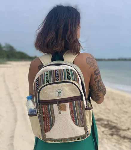 Vista 6 de Mochila Nepal de cáñamo grande hecha a mano natural con múltiples bolsillos