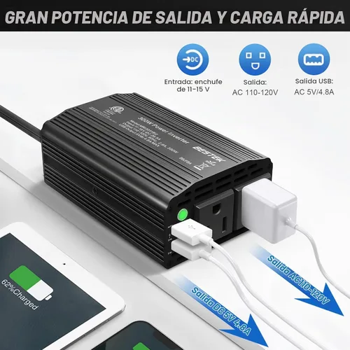 Vista 4 de BESTEK inversor de corriente de 300W de CC 12V a CA 110V, adaptador de carga para automóvil con carcasa de aluminio duradera y puerto de carga
