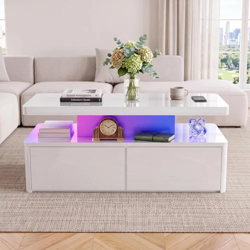 Vista 11 de oneinmil Mesa de centro LED moderna, mesas de sala de estar de 40 pulgadas con luces LED de 16 colores, diseño de doble capa, elegantes mesas