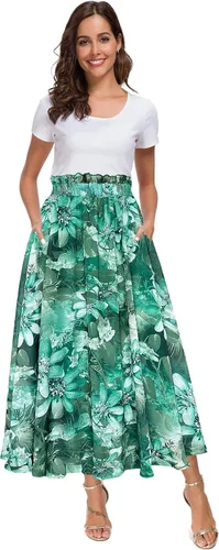 Vista 13 de Afibi Falda de gasa con estampado floral de cintura alta para mujer, estilo swing, de playa, midi, larga con bolsillos Negro