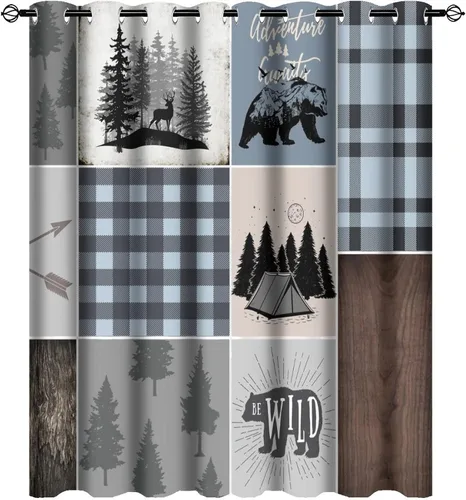 Vista 68 de Cortinas opacas rústicas de cabaña con osos y ciervos - Juego de cortinas de ventana con ojales de temática de granja abstracta, caza, animal