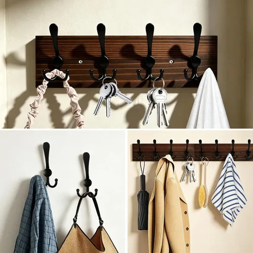 Vista 6 de Perchero de Pared para Montar en Pared, Perchero de Madera Resistente para Pared, 8 Ganchos de Perchero Triple para Colgar Abrigos, Chaquetas, Marrón