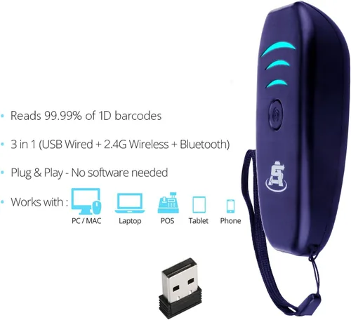 Vista 4 de ScanAvenger Escáner de código de barras Bluetooth portátil mini inalámbrico: escáneres manuales - Pistola de escaneo 1D inalámbrica y recargable