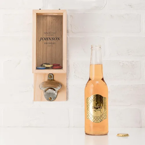 Vista 3 de Weddingstar Abrebotellas montado en la pared de madera personalizado y soporte para tapa de botella - Brewery Co