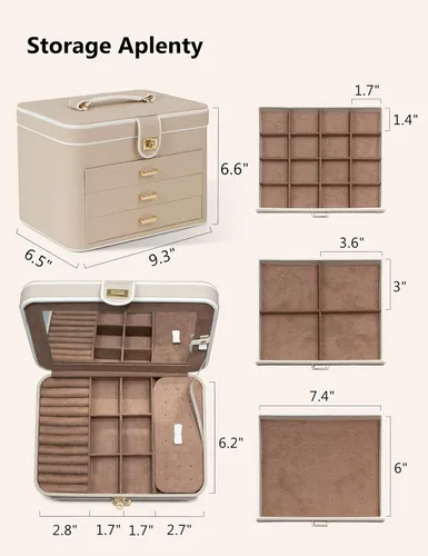 Vista 6 de KAMIER Caja organizadora de joyas, organizador de joyas de 4 capas con espejo, 3 cajones, caja de joyería grande para pulseras, aretes, anillos